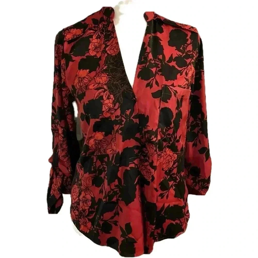 Guess Los Angeles Red and Black Floral Silky Top XS